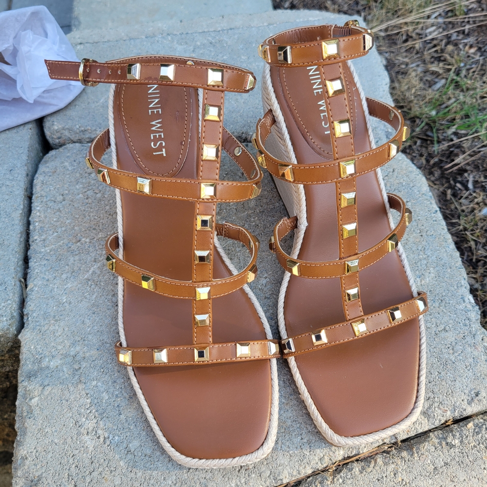 Nine West Tan Strappy Sandals with Gold Accents